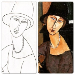 Jeanne Hébuterne con cappello e collana di Amedeo Modigliani riproduzione in filo di ferro e argento di Giulia Della Sala