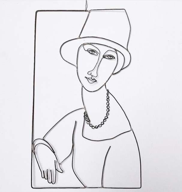 Riproduzione del quadro di Modigliani "Jeanne Hébuterne con cappello e collana" in filo di ferro Wireartlover